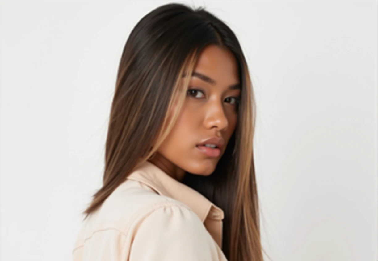 Beautiful asian woman staring directly at viewer, facing directly at camera, beige collared button shirt, long straight hair, perfect teeth