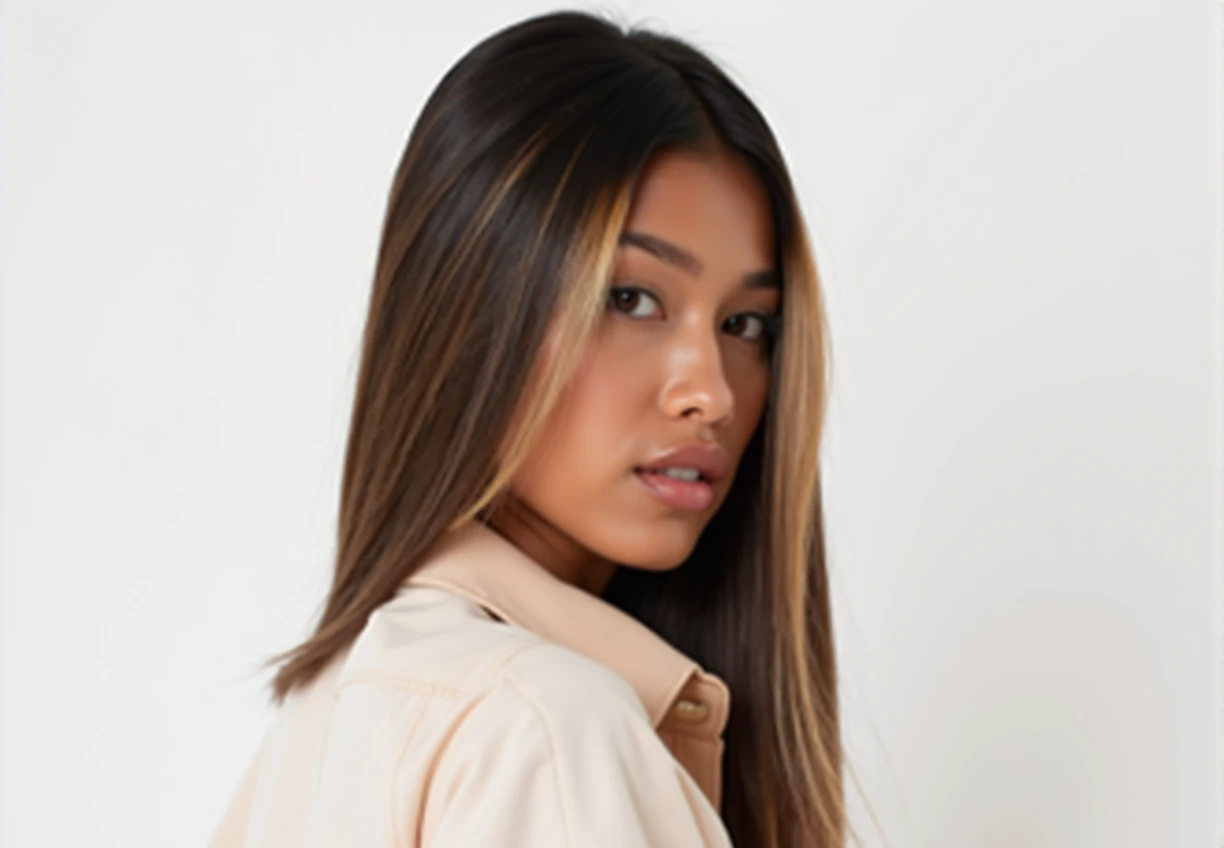 Beautiful asian woman staring directly at viewer, facing directly at camera, beige collared button shirt, long straight hair, perfect teeth