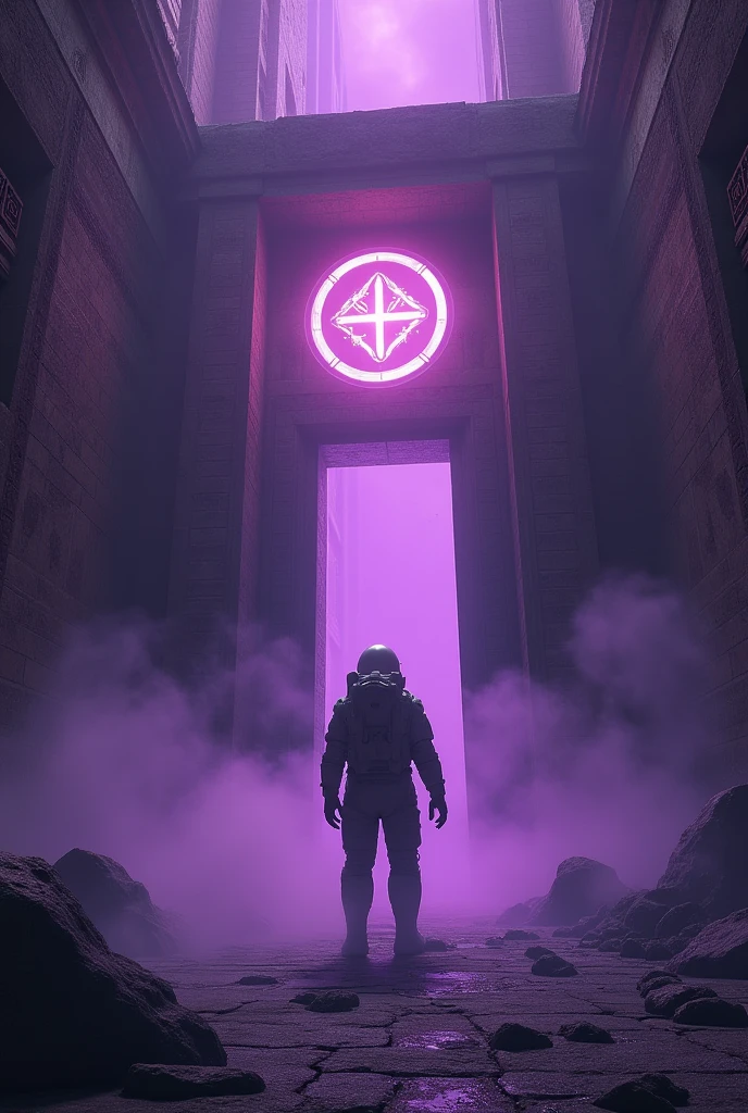 Astronaut in a dark ancient building, A thick purple fog enveloped the room.,  in the middle of the ancient door symbol shines, The massive door closed behind him by itself. 