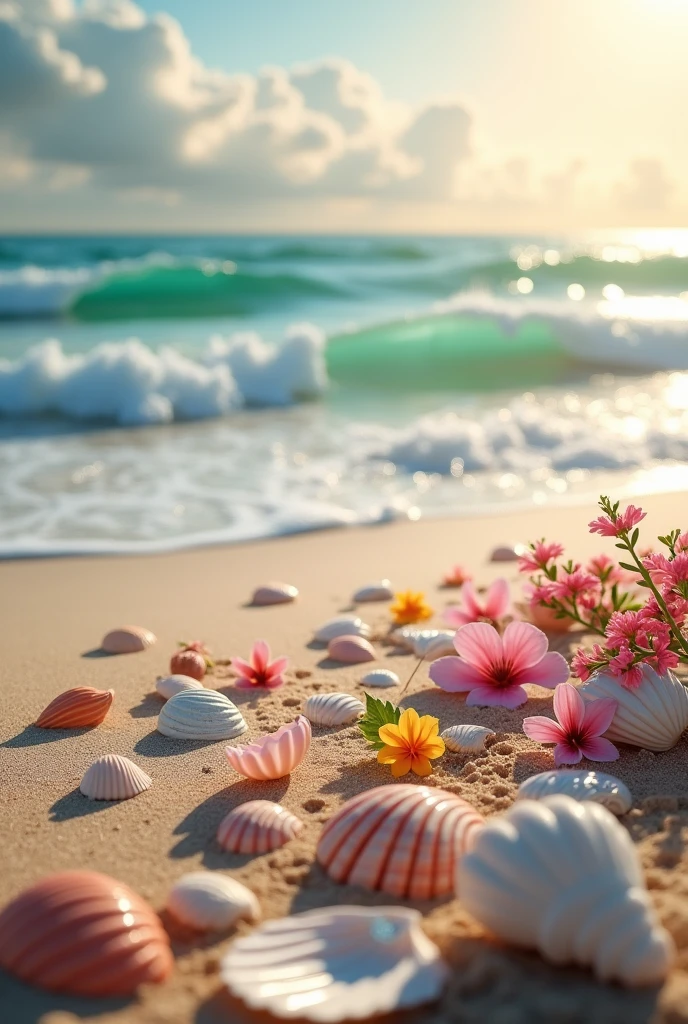 (photorealism:1.2), Coast with waves, shells lying on the sand, spring flowers lying on the sand next to the shell, Swarovski crystal, surreal, digital photography, art, catalogue cover art, background.