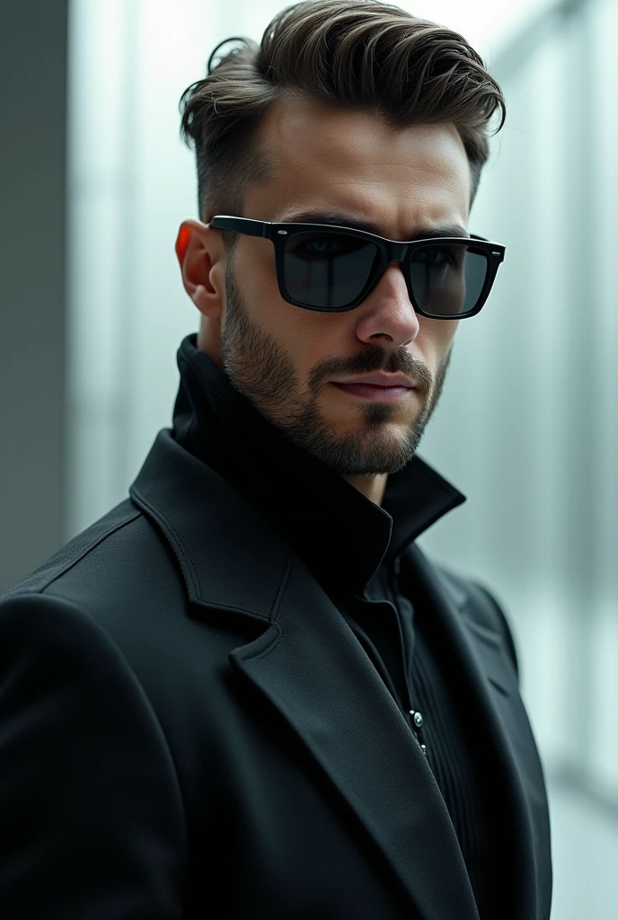 A handsome men with futuristic clothes wearing black glasses