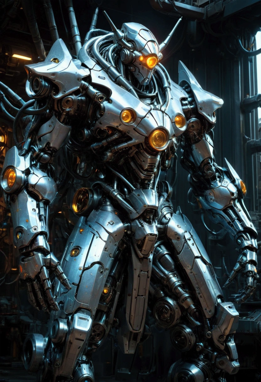 Giant Weapon, a massive futuristic mecha robot, highly detailed mechanical parts, intricate gears and pistons, glowing energy core, dramatic pose, cinematic lighting, sci-fi atmosphere, metallic sheen, depth of field, 8k, concept art style, masterpiece, best quality, very aesthetic, absurdres
