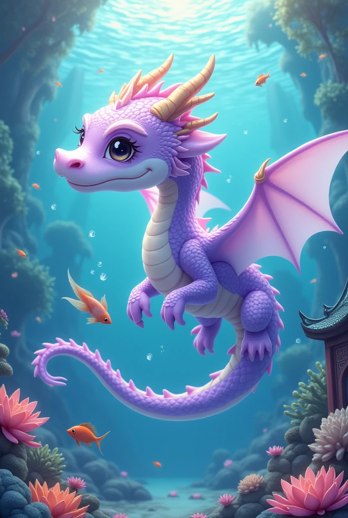 A pale purple dragon,huge,Under the Sea,Leisurely,cute style,background chinese style,The underwater world