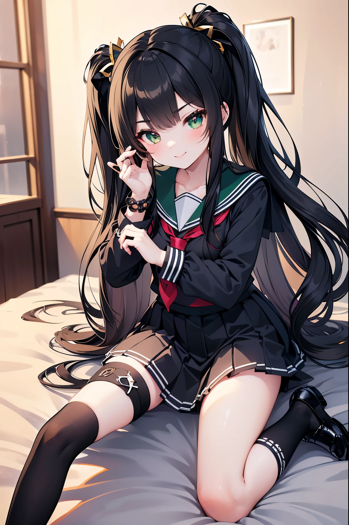 highres, masterpiece, high-quality, highly detailed, 1girl, long hair, black hair, emerald eyes, ((seifuku)), black seifuku, long socks, ((shoe)), watch, cute ring, cute bracelet, ((extremely cute pose)), girly bedroom , girly bedroom, ((detailed seifuku)), detailed emerald colour, detailed eyes, detailed thigh, detailed hand, beautiful detailed nose, ((beautiful detailed hair)), detailed eyebrows, smile, ((full body)).