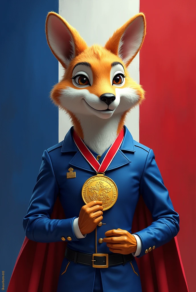 Create a mascot for France, all majestic and refined, elegant to do, wearing the gold medal of the 2024 Paris Olympics around its neck, and the background of the image the colors of the French flag