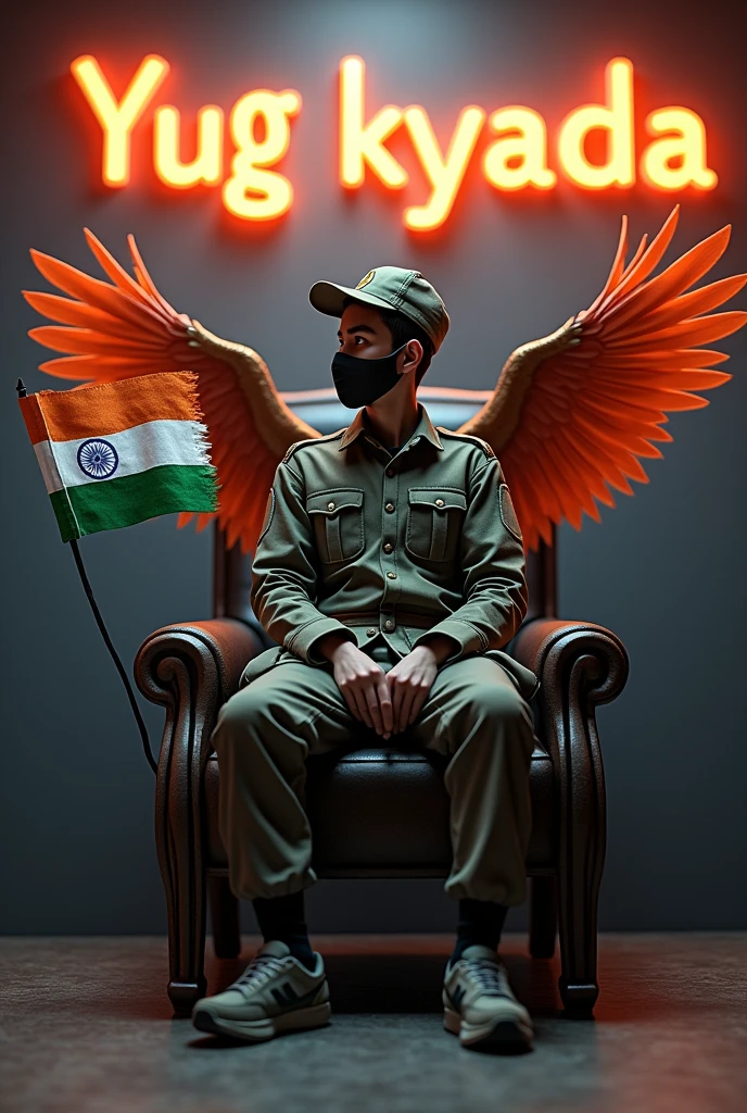 4TH PROMPT :- Create a 3D illusion for the profile picture where a cute 21 year old boy in army dress and wear army mask and wear army hat is sitting on the school bench and
of the King of Beasts throne. Indian flag in hand And a ferocious next to me. Wearing sneakers, he looks ahead. “Yug kyada ” is written in large, orange neon light font on the dark gray wall in the background. He has no shadow and has Indian Tricolor colored wings