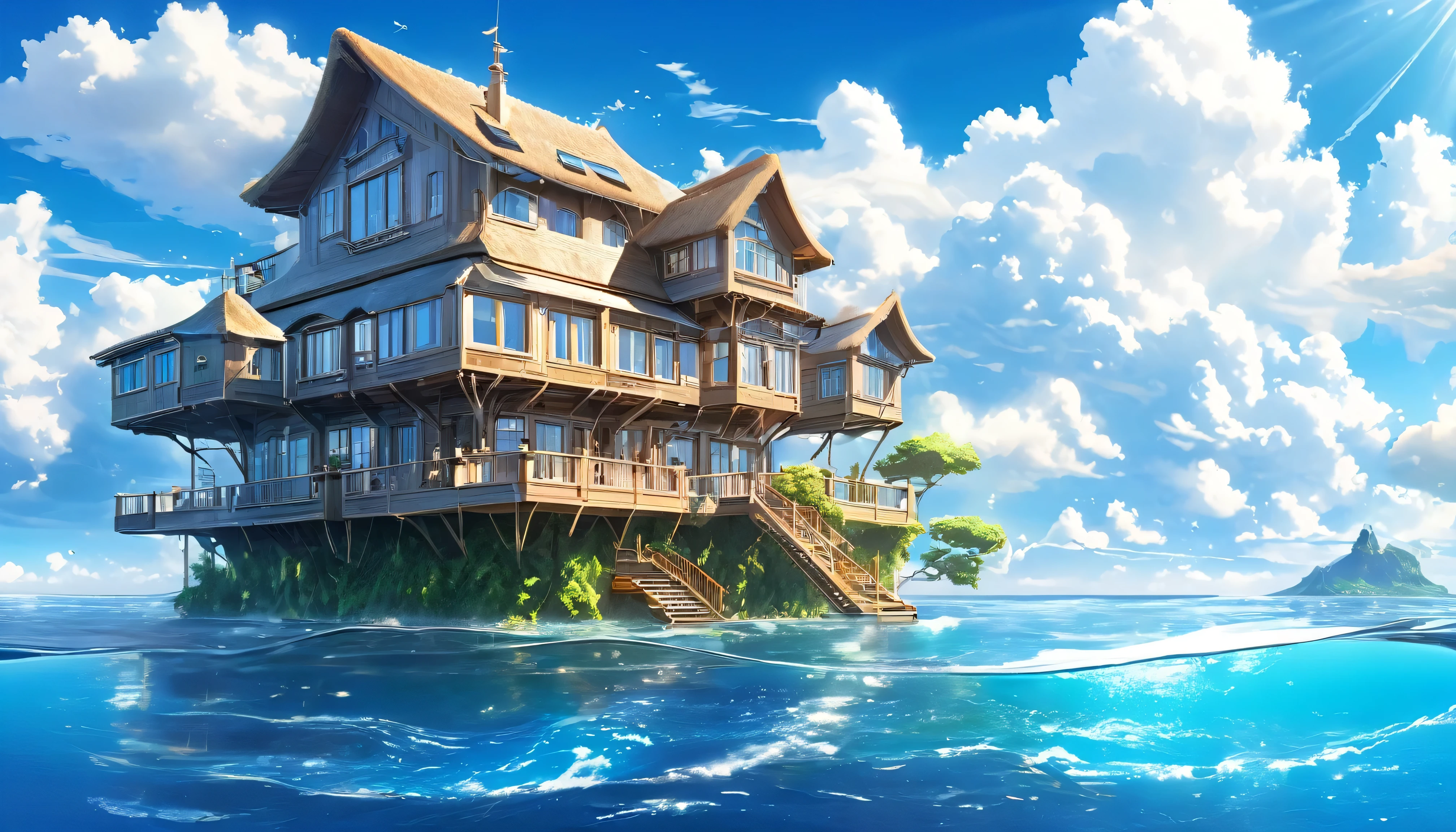 Water houses, A house floating on the sea, , A house built on a large raft in the sea, A magnificent and beautiful fairytale house floating on the blue ocean waves, Beautiful scenery around, White Cloud, sun, , high quality, high resolution, master'work, masterpiece, Clear, 32K, Comic Style, Pixar