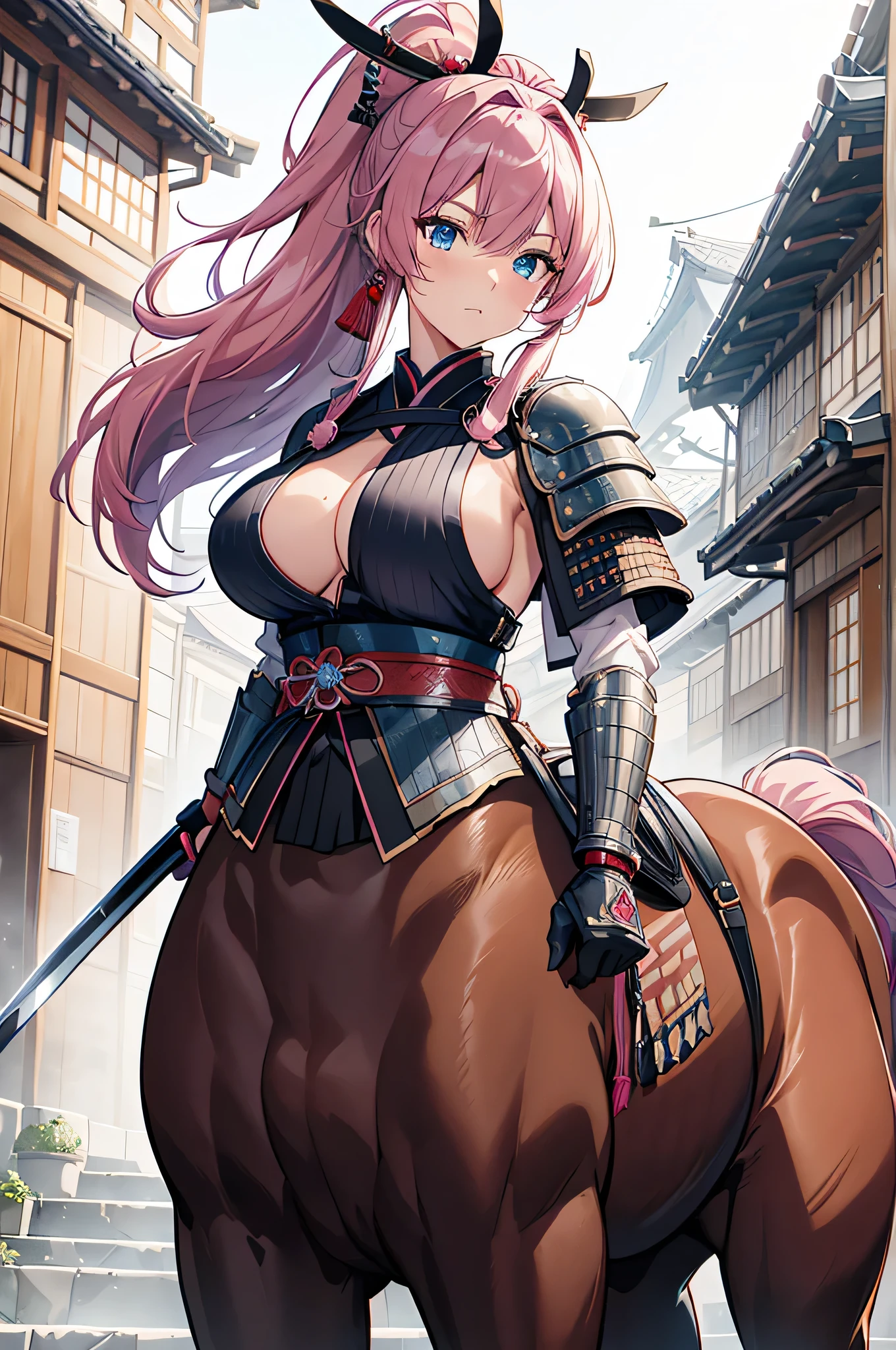 4K,High resolution,One Woman,centaur,Pink Hair,Long Ponytail,Blue eyes,Brown fur,Samurai,白色のSamuraiの鎧,Sideboob,Full Armor,White gloves,hair band,Jewelry decoration,Japanese sword,Medieval town