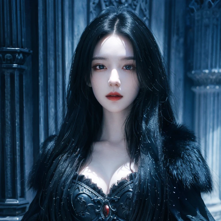 a beautiful young vampire woman, long black hair, fur armor, heavy steel armor with skull, detailed face, beautiful eyes, detailed lips, 1girl, ethereal, dark fantasy, dramatic lighting, moody, cinematic, (best quality,4k,8k,highres,masterpiece:1.2),ultra-detailed,(realistic,photorealistic,photo-realistic:1.37), HDR, UHD, vivid colors, dramatic shadows, chiaroscuro lighting, gothic
