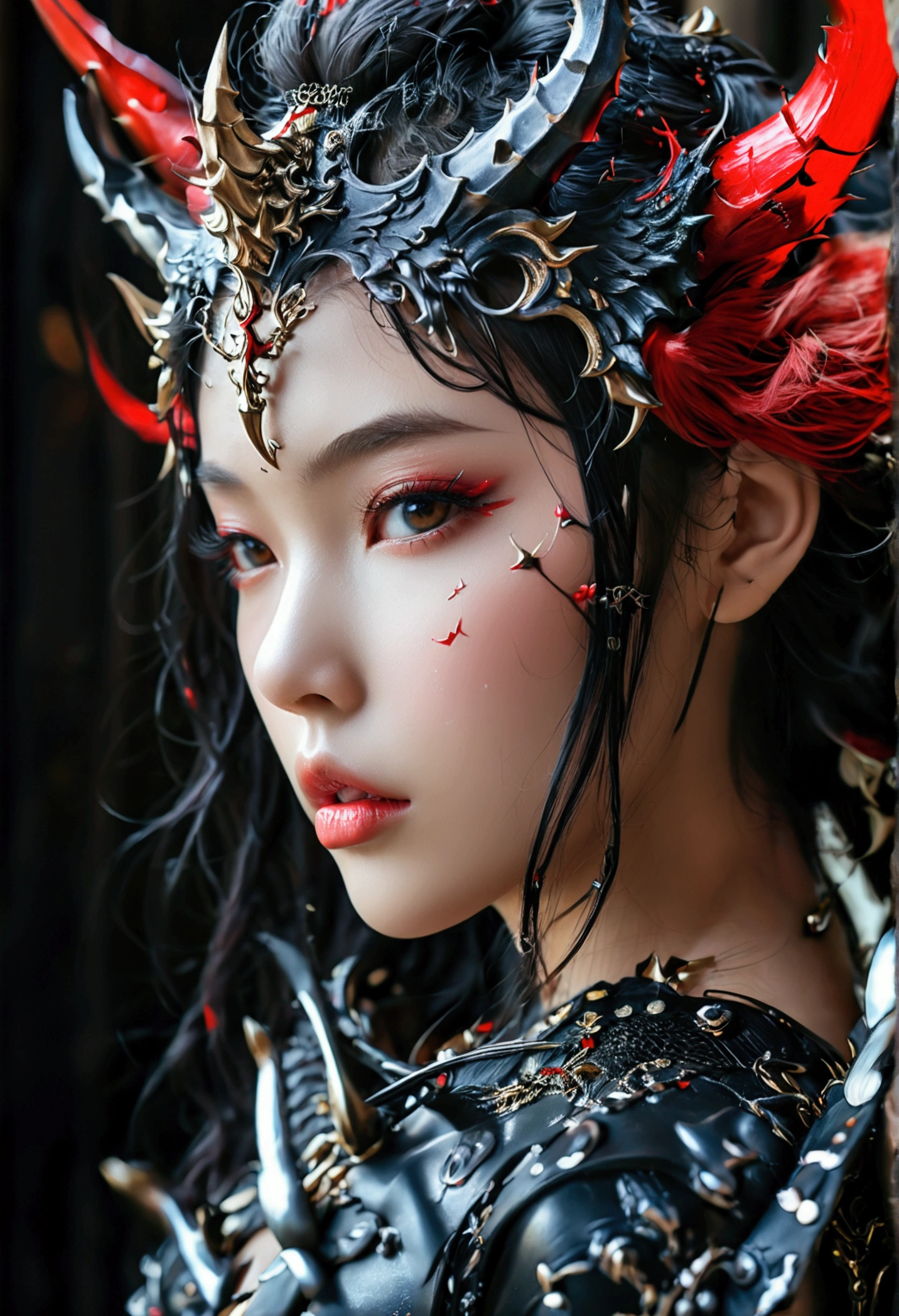 Create an image of the most stunningly gorgeous beautiful kijin, Stunningly gorgeous perfect face, perfect makeup, detailed perfect silky smooth skin texture, detailed hour glass body figure, very long styled hair, (matte black kijin armor spiked), ((underboob))), red horns,