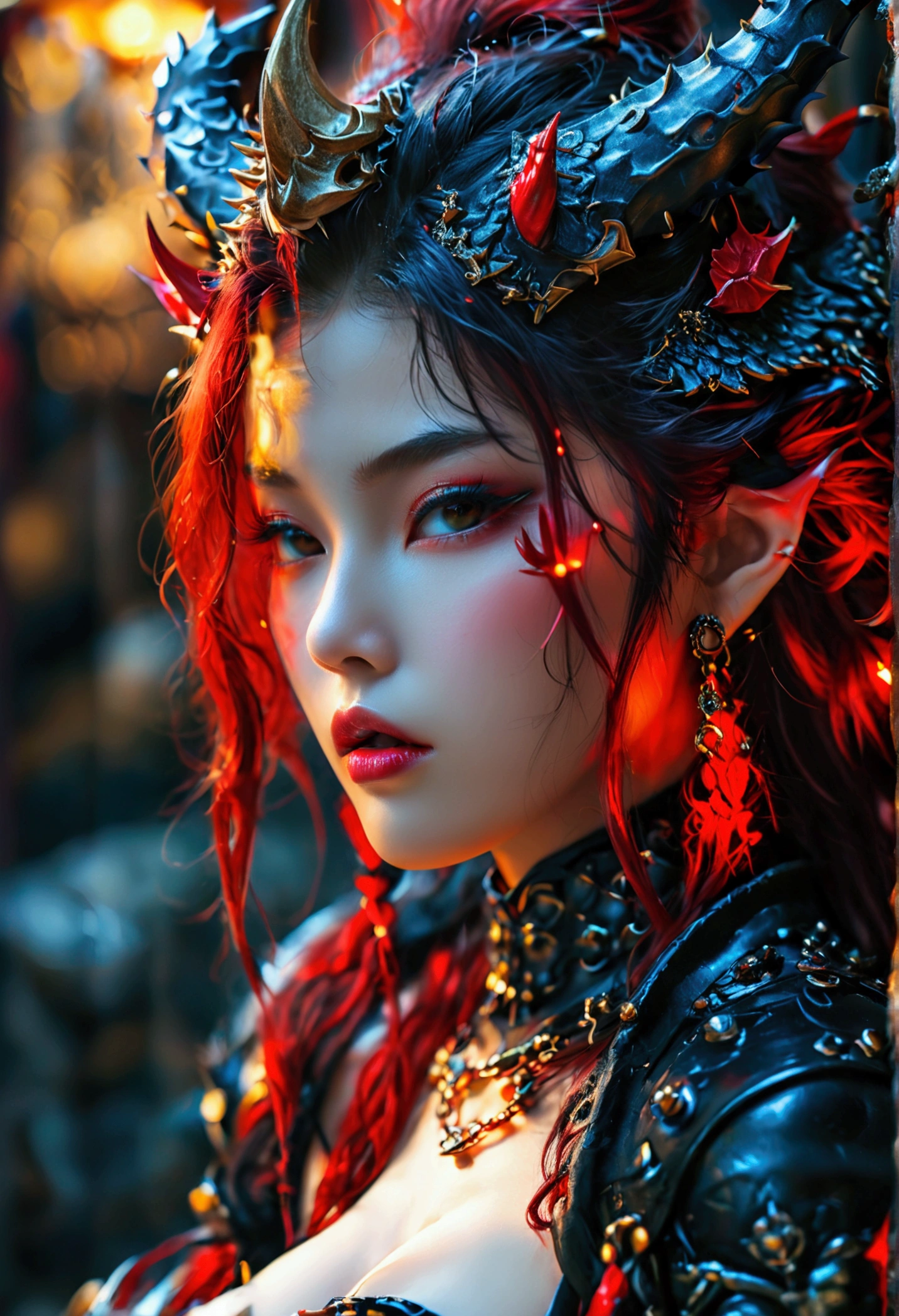 Create an image of the most stunningly gorgeous beautiful kijin, Stunningly gorgeous perfect face, perfect makeup, detailed perfect silky smooth skin texture, detailed hour glass body figure, very long styled hair, (matte black kijin armor spiked), ((underboob))), red horns,