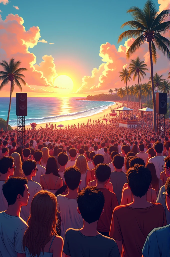An illustration of crowd watching live music at the big stage, in front of the beach