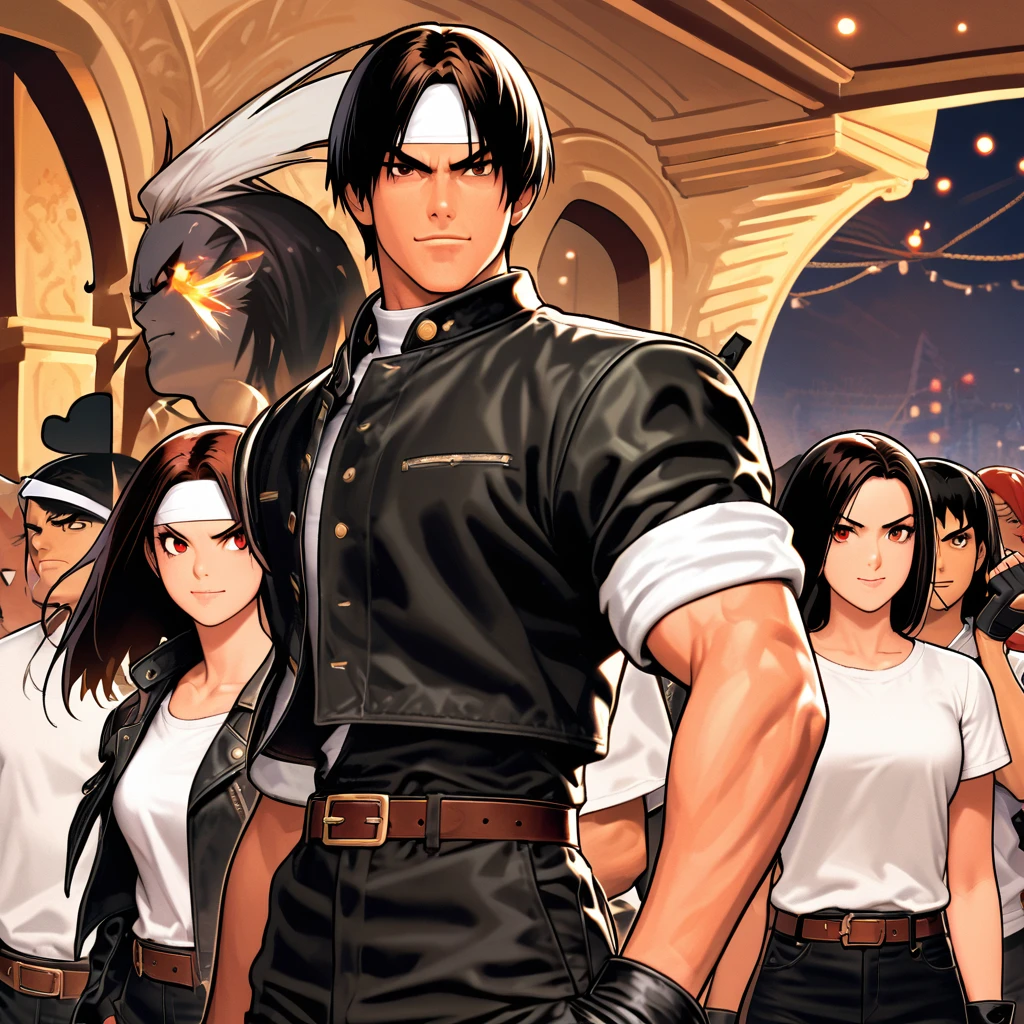 Masterpiece, 2 people, man and woman before fight, one on one, best quality, 8K, smirking, fighting pose, fight: 1.5,(Kyo Kusanagi), man has dark skin, dark hair, red eyes, alone, ((white headband)) two shots, (rolled up arms) black rider jacket, fingerless gloves, black hair, white t-shirt black pants, white shoes, brown belt, boyish, handsome, shot, charming, masterpiece, high quality, fine face, grainy, night, confident smile, men and women fighting against background of Plaza de España, loud cheers, same hair, same hair and clothes, angry face: 1. attack speed 5, fast attack, angry face, angry face