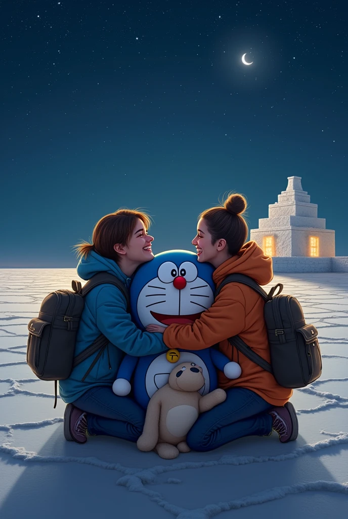 Uyuni salt lake　night　Backpackers hugging each other　Doraemon and a platypus plush are also by my side.　Twinkling Stars　A hotel made of salt