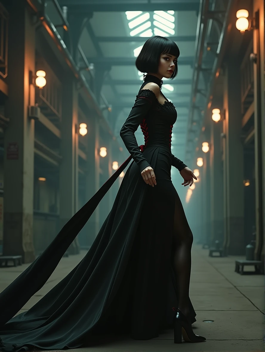 (Photorealism:1.2) woman, brunette, square hairstyle, Long legs, Beauty, dressed in a black long dress, Gothic dress, with a long train, high Victorian collar, gray eyes color, cyberpunk background, full height of a girl, inside an industrial building