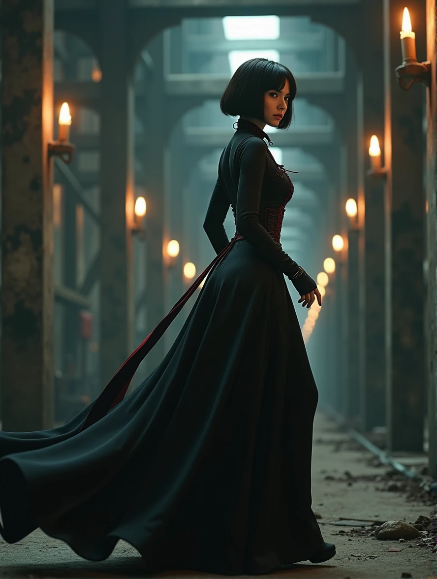 (Photorealism:1.1) woman, brunette, square hairstyle, Long legs, Beauty, dressed in a black long dress, Gothic dress, corset with red lacing, with a long train, high Victorian collar, gray eyes color, cyberpunk background, full height of a girl, inside an industrial building, runs deep into the corridor, portrait, Turns back, a view from afar down a long corridor