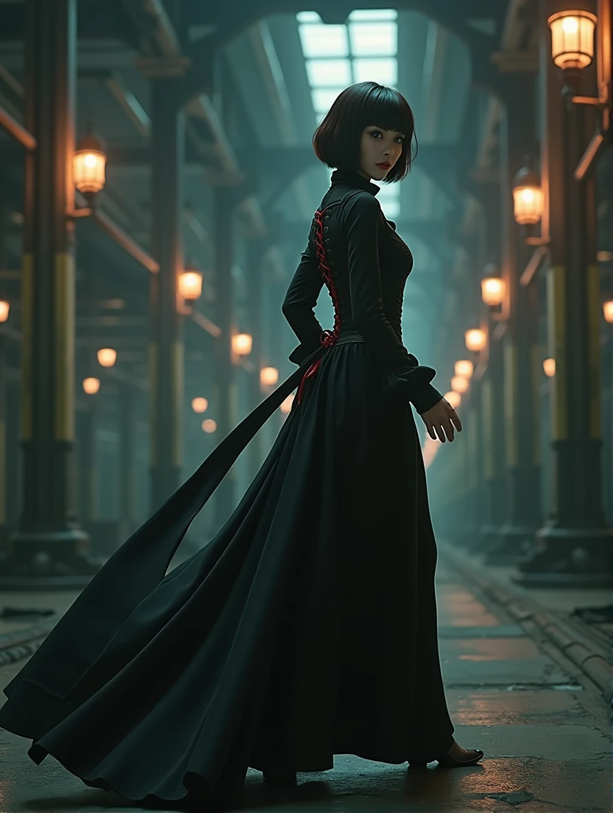 (Photorealism:1.1) woman, brunette, square hairstyle, Long legs, Beauty, dressed in a black long dress, Gothic dress, corset with red lacing, with a long train, high Victorian collar, gray eyes color, cyberpunk background, full height of a girl, inside an industrial building, runs deep into the corridor, portrait, Turns back, a view from afar down a long corridor