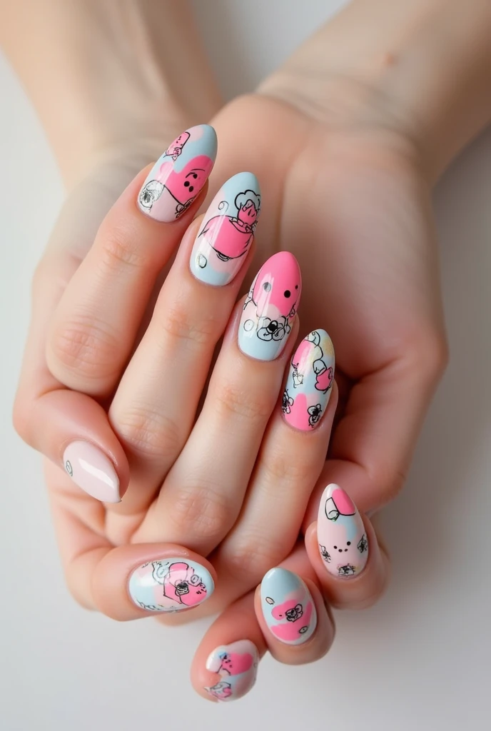 image of painted nails with colorful decorations that stand out, a delicate hand 