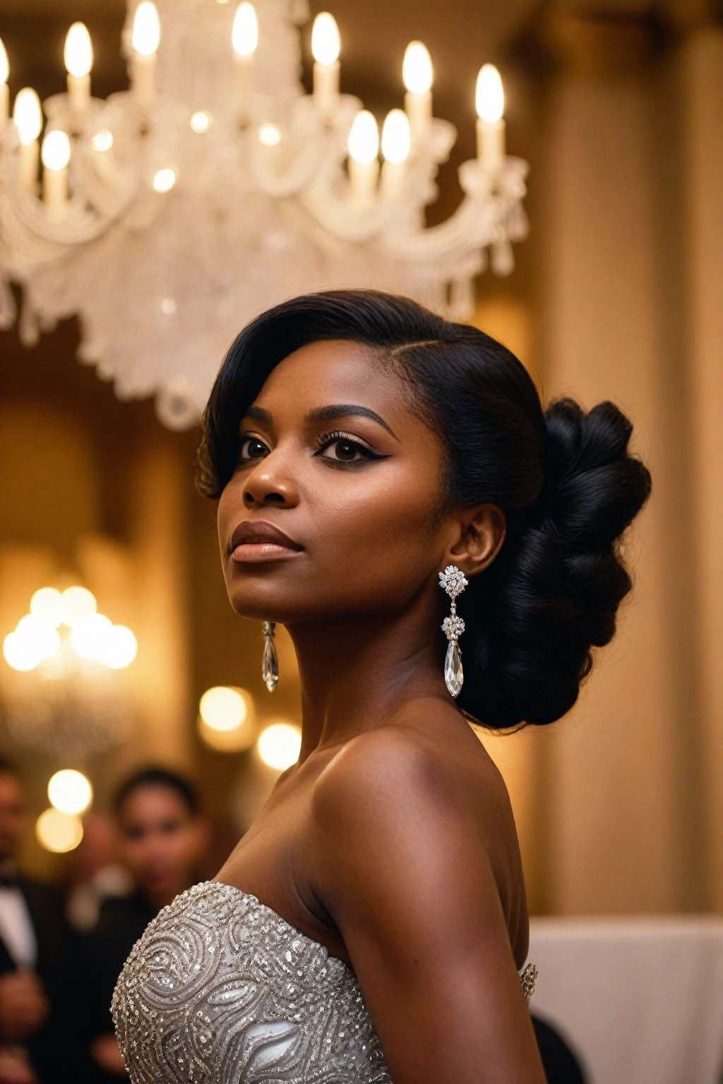 (perfect eyes), (detailed skin), (realistic portrait), (half-body), stunning South American woman, elegant side profile, wearing a custom evening gown, half-body shot, standing gracefully at a luxurious charity gala, delicate and refined jewelry, vibrant South American hairstyle cascading over one shoulder, affluent guests in the background, crystal chandeliers, lavish decor, soft ambient lighting, sophisticated and exclusive atmosphere, detailxl
