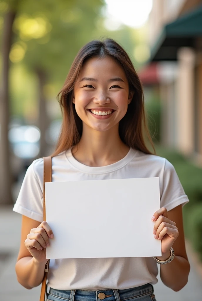 Create an image of a happy adult person highlighting the smile with a blurred background and holding a small blank sign..