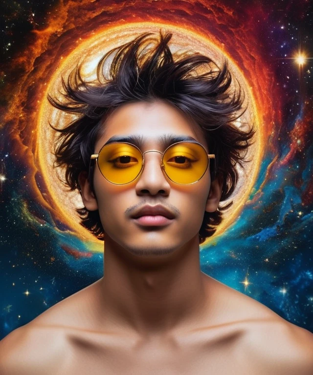 Envision an expansive astral plane, aglow with the soft luminescence of starry yellows and reds, endlessly soaring upward. Central to this celestial scape is a woman of grandeur, with a luminous white body, exuding a sense of profound power and allure. Beautiful face, Beautiful eyes, features prominent glowing attributes, as if gently interfacing with the astral fabric. The lower half of its form transitions into a dark, vaporous essence that drifts behind like a comet's tail, fusing with the astral hues. The portrait is designed to capture the magnificent presence of a being in complete harmony with the cosmos, an incarnation of the surreal and mystical.
"A mysterious young man stands in the middle of the universe, gazing directly at you. The scene is enveloped in a fantastic, colorful atmosphere. The boy is 18 years old, with fair skin, dark brown eyes, and black hair combed to the left side, slightly spiky. He wears a white t-shirt and slightly rectangular glasses that reveal the vibrant, cosmic background. A small mole is visible on his cheek. He is Brazilian and lives in Santa Catarina, adding a unique cultural essence to the image."