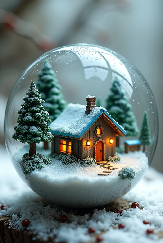 Realistic small house,blue roof,greeny environment, in a 6 Cm radius resin ball,trees by the house,snow