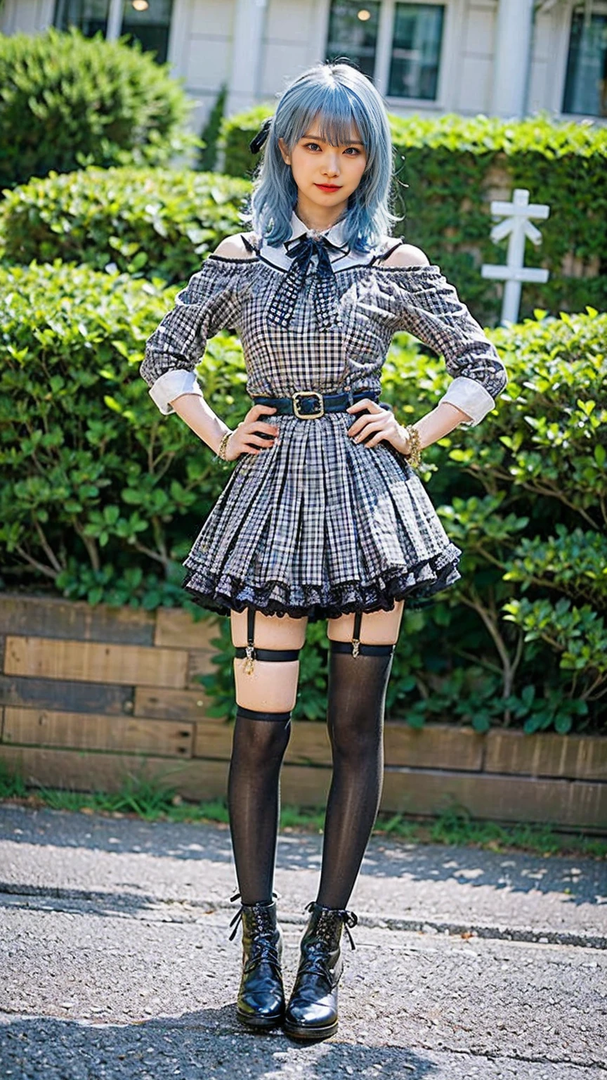 (8k、RAW Photos、Highest quality、masterpiece:1.2)、(Realistic、Realistic)、1 person、((Light blue hair、boots、Off the shoulder、garter belt、whole body、garden、Check mini skirt、garden、View from the front、Looking into the camera、Hands on your hips))、cute