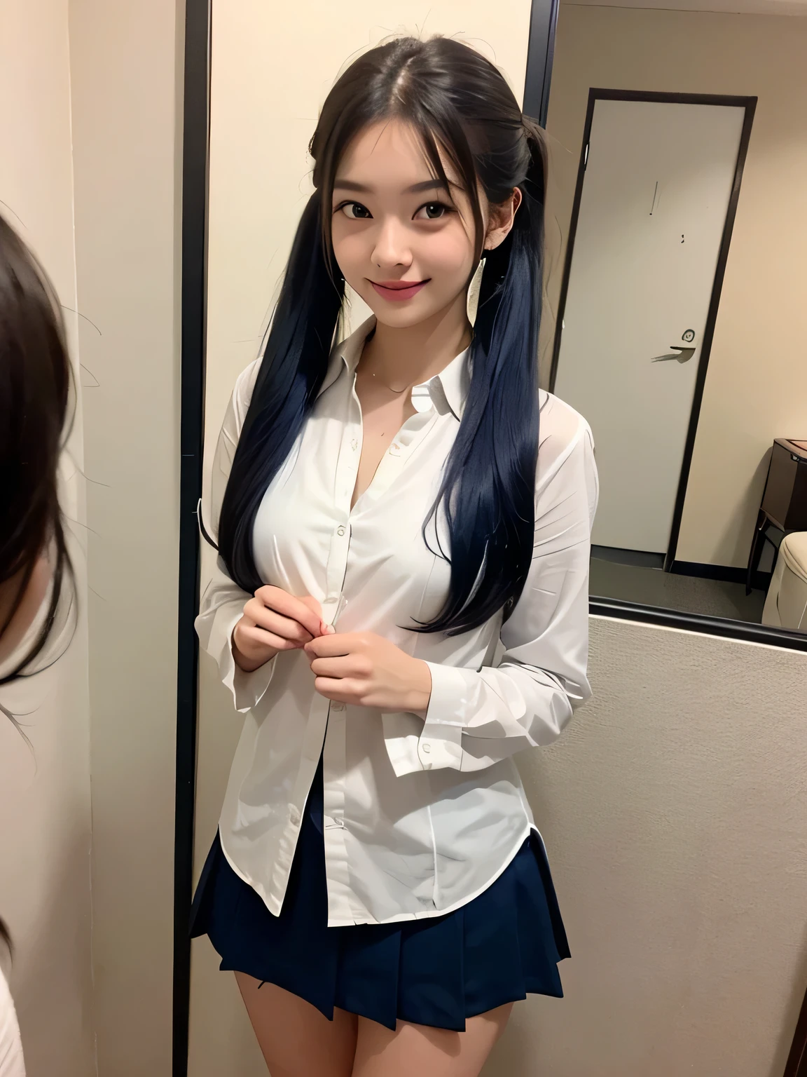 one person、one personで、 Red tie、White shirt、Navy blue mini skirt、Putting on lipstick in front of the mirror、-yeld hischool girl、victory、Tsundere、smile、Saucy、Blue Hair、Twin tails、small、Slim girl model photo、body:Female Model、Japanese female fashion model、(8K、Raw photo、Best image quality、masterpiece:1.2)、(Genuine、photoGenuineistic:1.37)、Ultra-high resolution、Ultra-high resolution、Standing position、whole body、((((sexy)))、In town、形の良いsmall胸