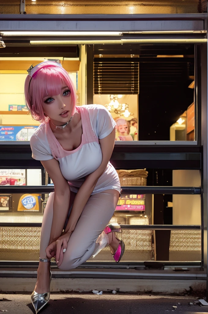 (Highest quality), Realistic, Beautiful Nurse,Gal,Hospital Bets,((Licking ice cream:1.2)),See-through costume,Nurse cap(short hair,Sharp bangs)Showing panties,(((Highest quality,Highest quality,8k images)))Pink Hair,High heels,