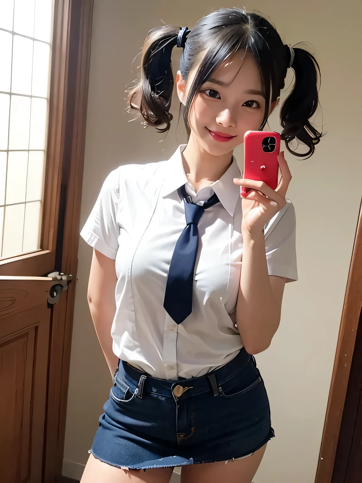 one person、one personで、 Red tie、White shirt、Navy blue mini skirt、Putting on lipstick in front of the mirror、17-year-old high school girl、victory、Tsundere、smile、Saucy、Blue Hair、Twin tails、small、Slim girl model photo、body:Female Model、Japanese female fashion model、(8K、Raw photo、Best image quality、masterpiece:1.2)、(Genuine、photoGenuineistic:1.37)、Ultra-high resolution、Ultra-high resolution、Standing position、whole body、((((sexy)))、In town、形の良いsmall胸