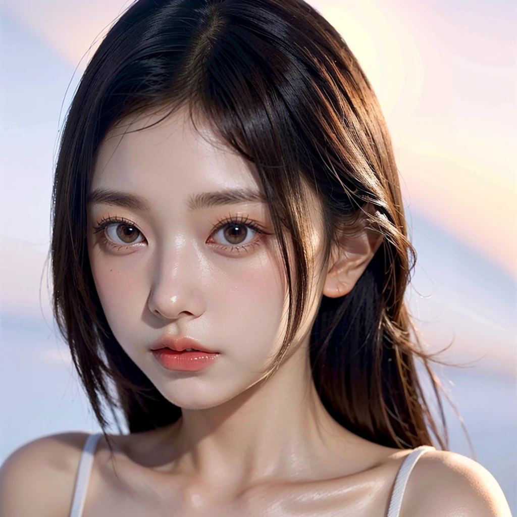 masterpiece,best quality,realisic skin details,portrait,upper body,cute girl,looking to the viewer,asian,pale skin,beautiful,simple background,looking at viewer, haerin,