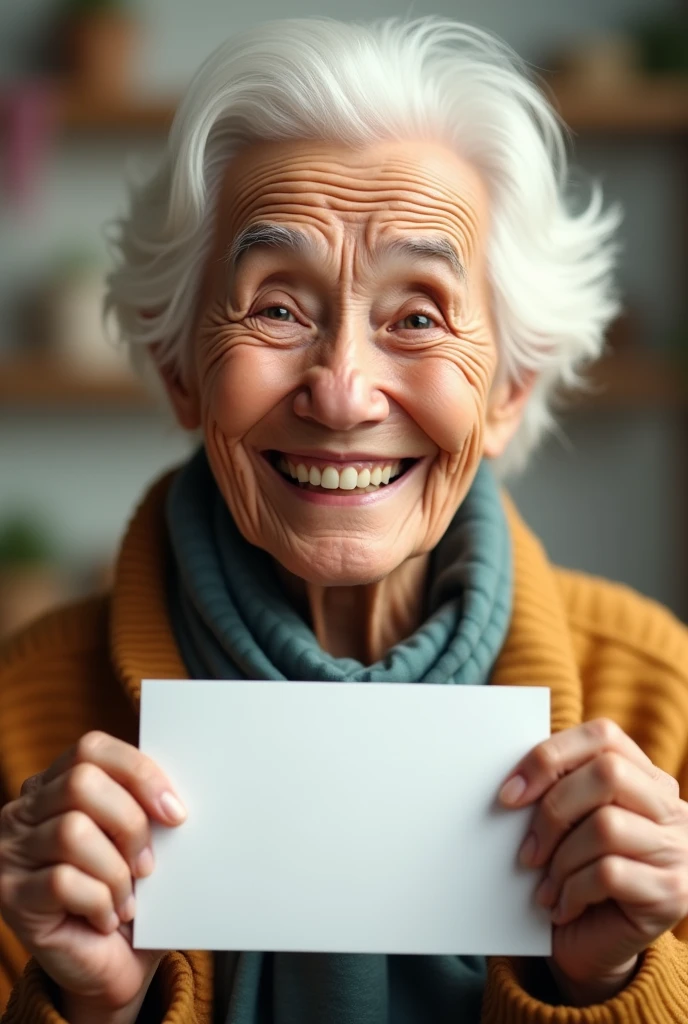 Create an image of a happy elderly person, highlighting the smile with a blurred background and holding a small blank sign..