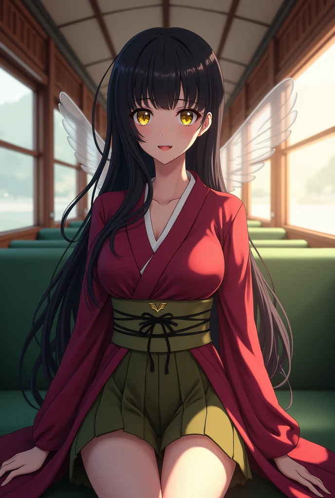 Anime, Japanese, kimono, yellow eyes, black hair, translucent white wings behind, maroon clothes, olive green hakama, female, large breasts "short hair" Olive green seats facing sideways Inside the train Wooden walls
