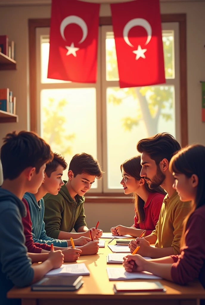 Create a profile picture for the speaking and writing group opened for foreigners learning Turkish. In the background, young students are talking and writing with Turkish flags