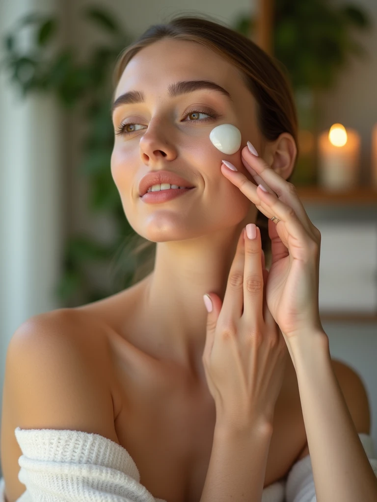 High-resolution, color photograph of a woman applying cream to her face. The design is centered and the subject takes up most of the frame. The background includes blurred spa elements that convey calm and serenity, creating a natural and peaceful atmosphere. The overall composition highlights the subject against the serene, softly lit surroundings.