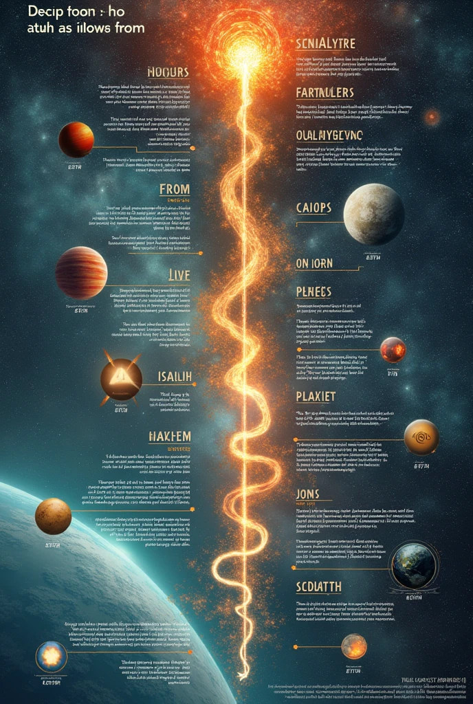 Make an illustration for this:


Here's a timeline showing how elements form, with a focus on their atomic numbers:

---

### **1. The Big Bang (13.8 Billion Years Ago)**
   - **Atomic Numbers:** 1 (Hydrogen), 2 (Helium)
   - **Description:** Right after the Big Bang, the universe cooled down, leading to the formation of the simplest elements: hydrogen (Atomic Number 1) and helium (Atomic Number 2).

### **2. Stellar Nucleosynthesis Begins (13.5 Billion Years Ago)**
   - **Atomic Numbers:** 1 to 2 (Hydrogen to Helium)
   - **Description:** In the cores of the first stars, nuclear fusion starts converting hydrogen into helium, producing energy and beginning the process of stellar nucleosynthesis.

### **3. Heavier Elements Form in Stars (13.5 Billion Years Ago - Present)**
   - **Atomic Numbers:** 3 to 26 (Lithium to Iron)
   - **Description:** Over time, stars fuse helium and other light elements to create heavier elements like carbon (Atomic Number 6), oxygen (Atomic Number 8), and up to iron (Atomic Number 26).

### **4. Supernova Explosions (13.4 Billion Years Ago - Present)**
   - **Atomic Numbers:** Greater than 26 (Iron)
   - **Description:** When massive stars explode in supernovae, the intense energy allows for the formation of elements heavier than iron, such as gold (Atomic Number 79) and uranium (Atomic Number 92).

### **5. Formation of the Solar System (4.6 Billion Years Ago)**
   - **Atomic Numbers:** Various (Including 6, 8, 14, 26)
   - **Description:** The remnants of earlier stars come together to form the Sun and planets. Elements like carbon, oxygen, silicon (Atomic Number 14), and iron become key building blocks of the planets, including Earth.

### **6. Earth's Crust Forms (4.5 Billion Years Ago)**
   - **Atomic Numbers:** 8, 14, 26 (Oxygen, Silicon, Iron)
   - **Description:** As Earth cools, its crust forms, rich in elements like oxygen, silicon, and iron, which are crucial for its structure.

### **7. Life Begins on Earth (4 Billion Years Ag