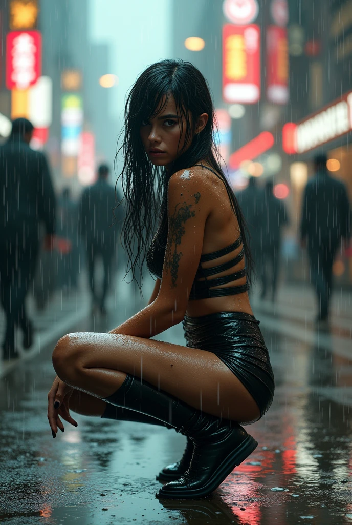 a beautiful cyborg woman, intricate details, masterpiece, absurdres, beautiful figure, slim body, magnificent anatomy, intricate details:1.12, HDR, intricate details, hyper-detailing:1.15, natural skin textures, hyper realistic, soft light, sharp:1.2, walking through a crowded city street, squatting, wet dress, performance, defile, cityscape, modern architecture, neon lights, rainy environment, reflective surfaces, dramatic lighting, heavy rain, raindrops, downpour, wet hair, wet pussy