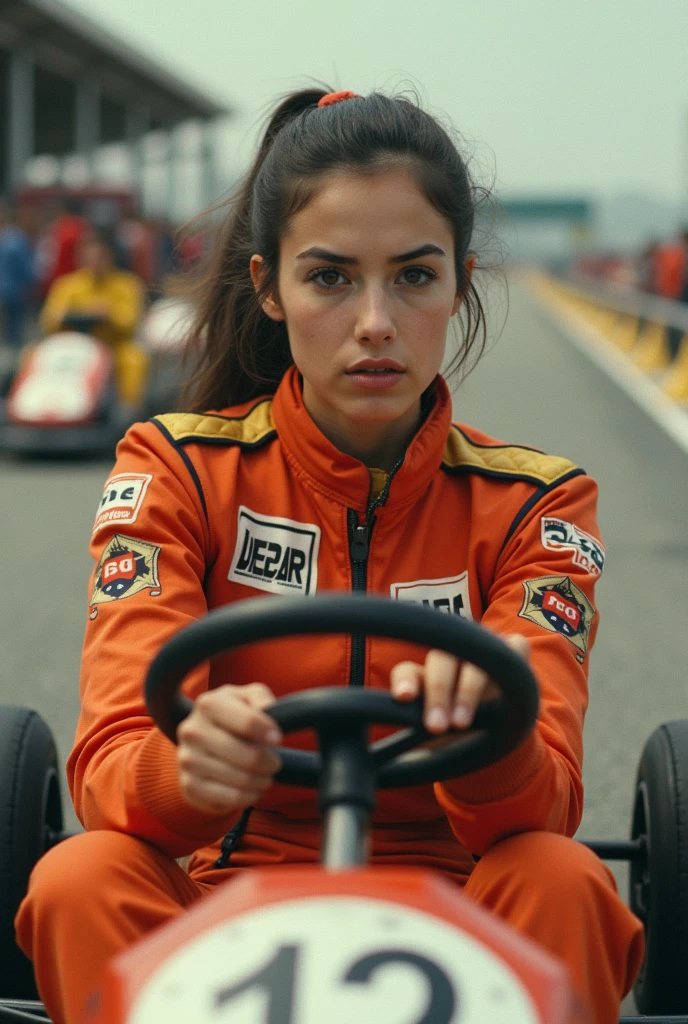 pretty woman in a gocart race, small , race suit, analog photo, Fujicolor Pro