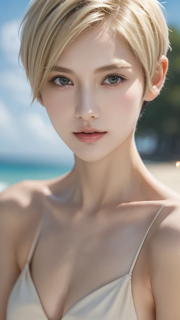 (Highest quality),(masterpiece),(One woman),(Super detailed),(Slender body),Detailed skin, realistic skin tone,(very short hair:1.6),Beach,bikini,(boyish),(Blonde:1.3),Face close-up,Only the face