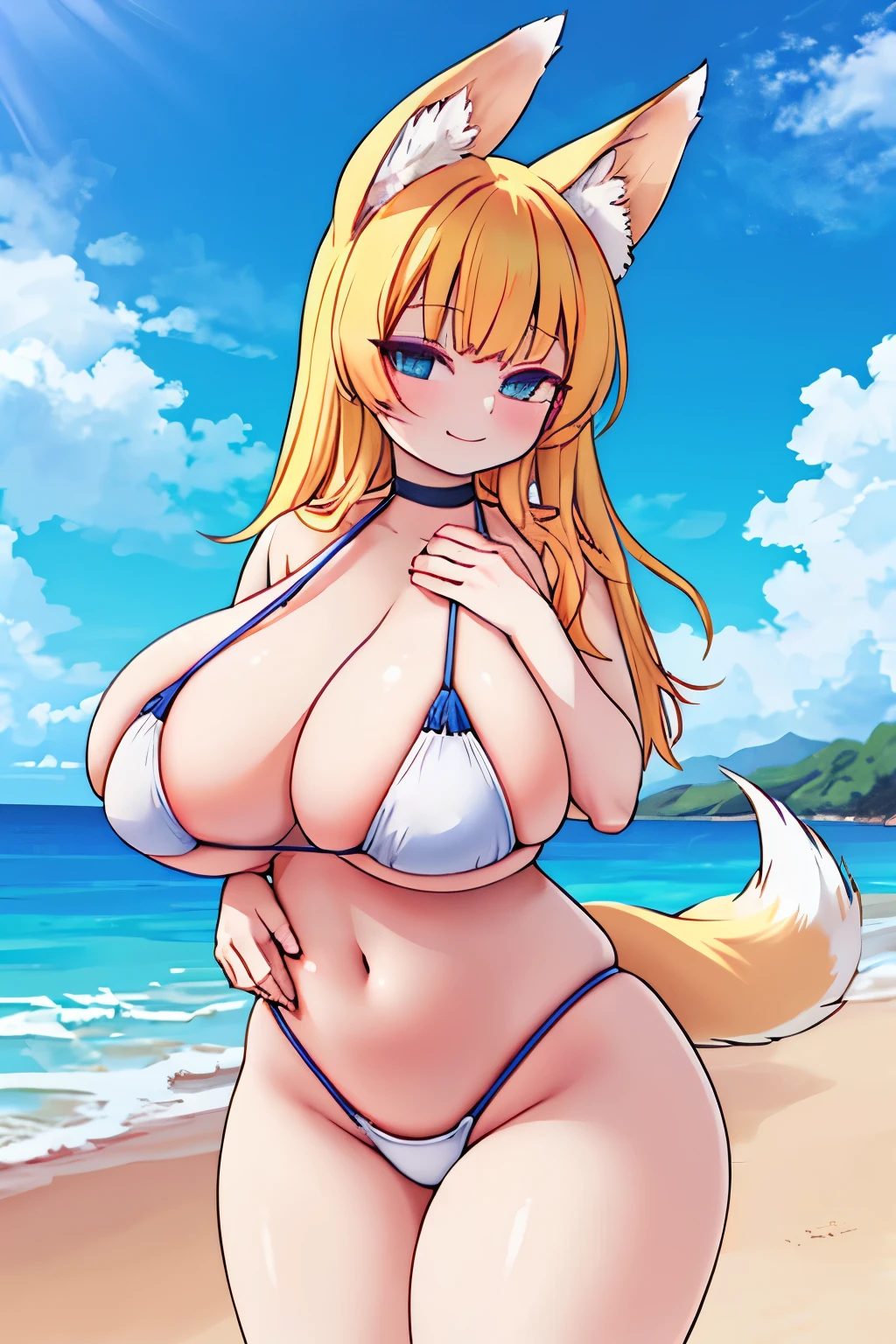 anime girls, MangaHentaiStyleConceptv2, albino_style, badhandv4,
(masterpiece, highest quality, 8K ultra-high resolution:1.4), gleaming skin, beautiful detailed eyes, ultra-detailed, cowboy shot
(solo:1.2), sexy, erotic, mature, adult, milf, facing viewer,
looking at viewer,
fox ears, fox tail, 
gigantic breasts, wide hips, big butts, thick thighs, bikini, swimsuit, bare legs, beach
smile, horny, sweat, nervous, closed mouth, 