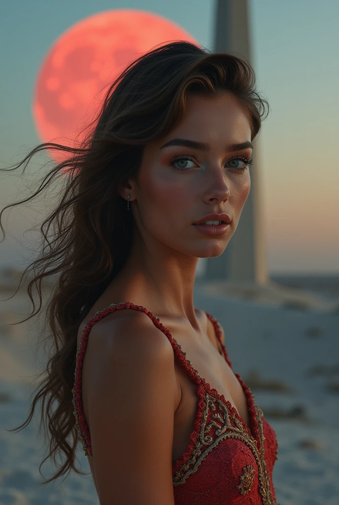 1 girl, beautiful  face, ((eye white)), pose sexy, Red moon in the background, stele, space, (clear room:1.13), smooth light, (natural skin texture:1.2), (Hyper-Realism:1.2), sharp focus, focused,[[realisitic]]