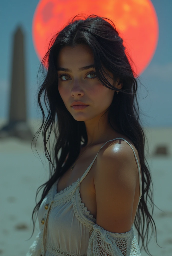 1 girl, beautiful  face, ((eye white)), pose sexy, Red moon in the background, stele, space, (clear room:1.13), smooth light, (natural skin texture:1.2), (Hyper-Realism:1.2), sharp focus, focused,[[realisitic]]