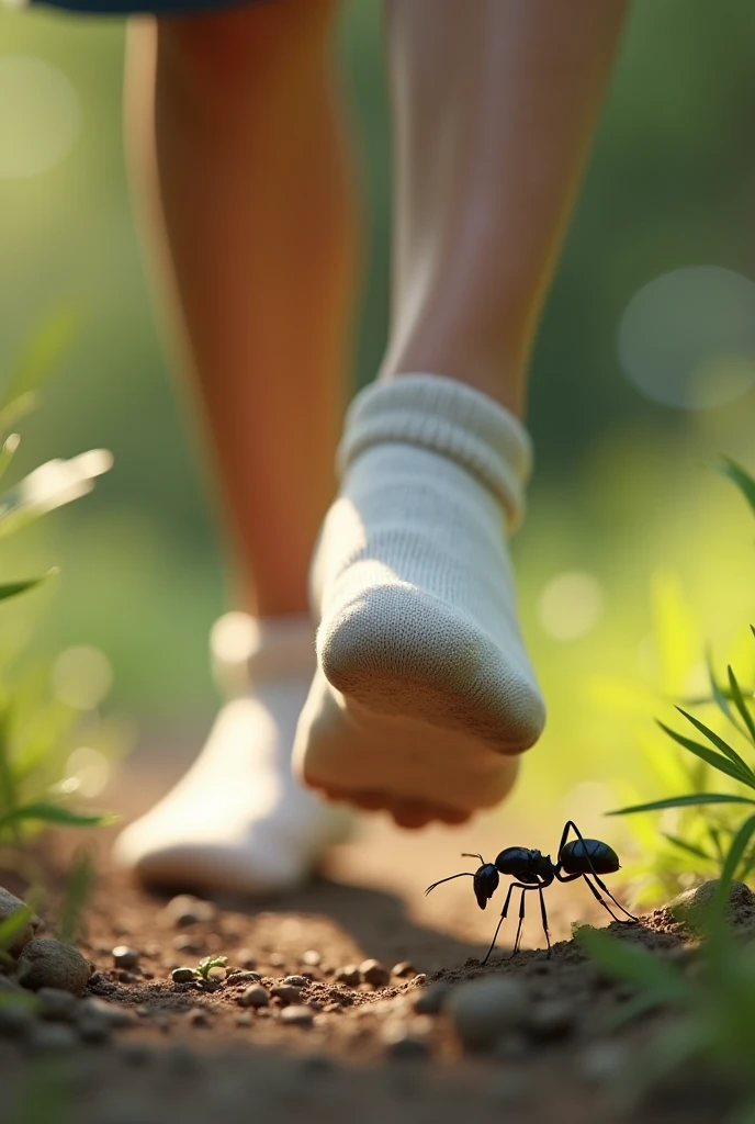A ager in white socks steps on an ant