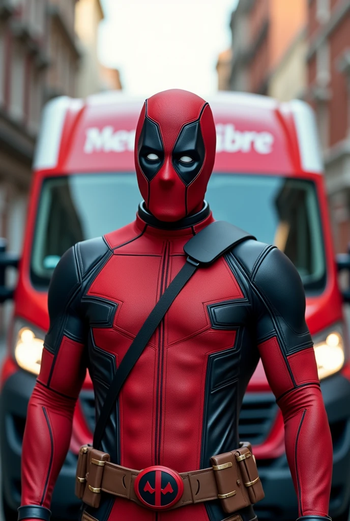 Mercado Libre delivery person dressed as Deadpool wearing a Mercado Libre shirt