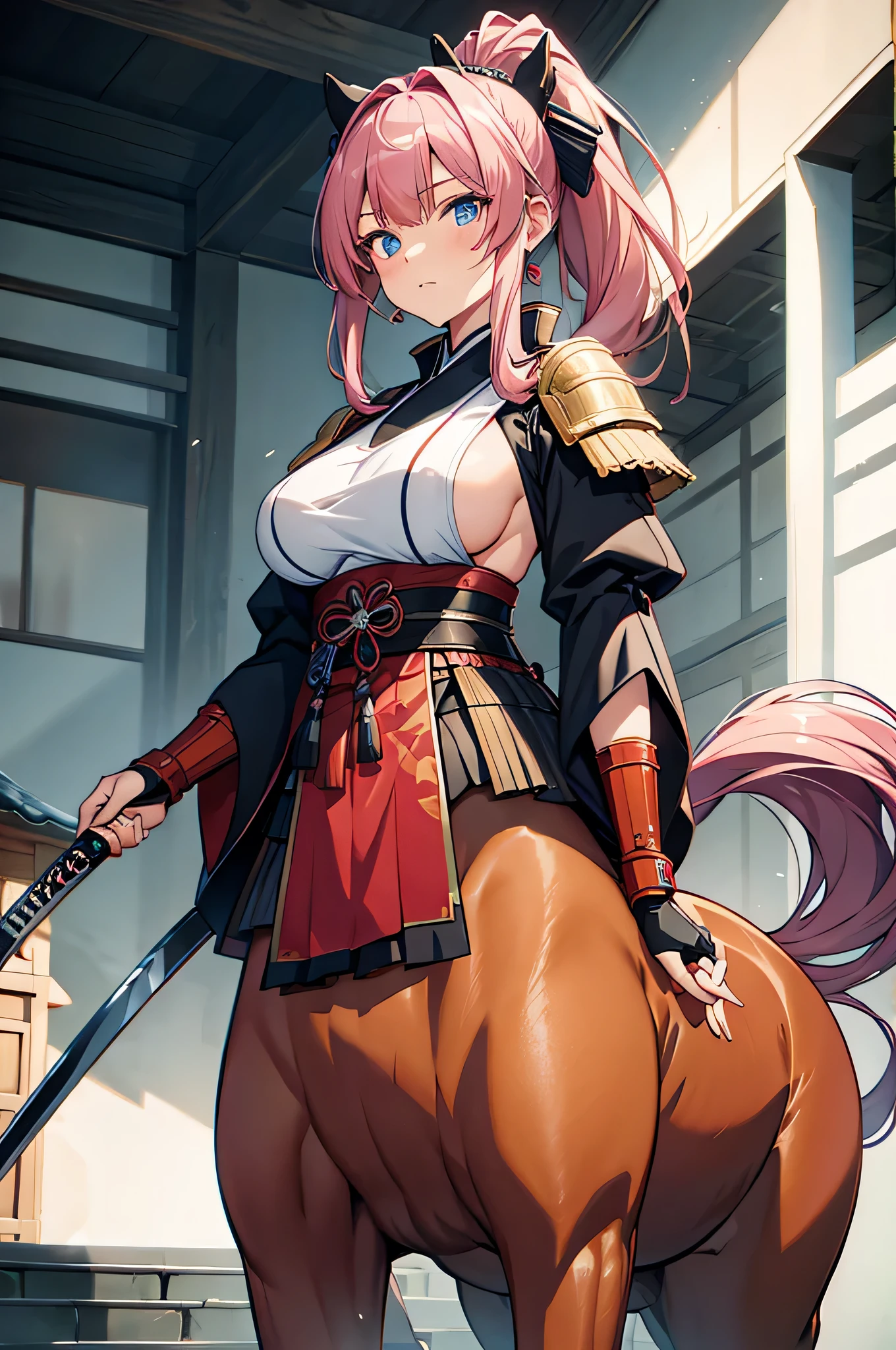 4K,High resolution,One Woman,centaur,Pink Hair,Long Ponytail,Blue eyes,Big Breasts,Brown fur,Samurai,白色のSamuraiの鎧,Sideboob,Full Armor,White gloves,hair band,Jewelry decoration,Japanese sword,Medieval town