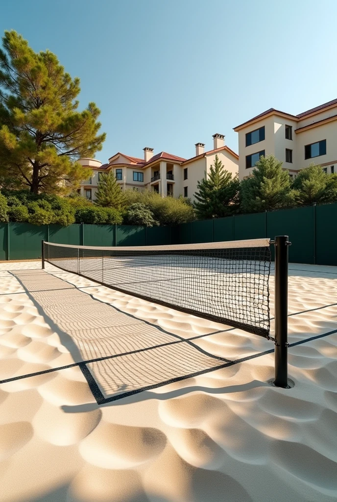 Beach tennis court, with very light sand, inside a residential complex, with black net at a height of 1.70 m,  demarcation tapes 8 m wide and 16 m long, in a sunny day