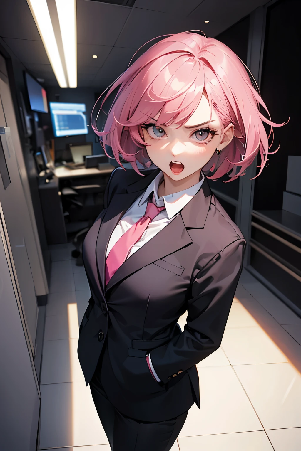 (highest quality:1.2), a 20-years-old girl is standing at  the office, looking back, startled by the alarm. very enegish, front view, a lively appearance, a photorealistic cute girl, beautiful face, European face,  maked-up face, noble face,  large eyes, beautiful lip, open mouth with surprised, serious face, Short-cut pink hair, upper body portrait abobe the knees, wearing business suits
