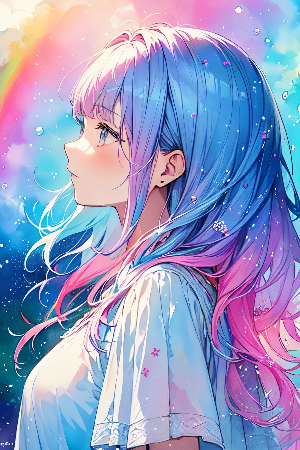 (masterpiece, Highest quality, Highest quality,watercolor (Moderate),Official Art, beautifully、beautiful:1.2),(1 person:1.3), (Fractal Art:1.3),Upper Body, From the side, Looking at the audience,pattern,(Rainbow Hair,colorful hair,Half blue、Half pink hair:1.2),water,liquid, cloud,colorful, Starry Sky,performer,