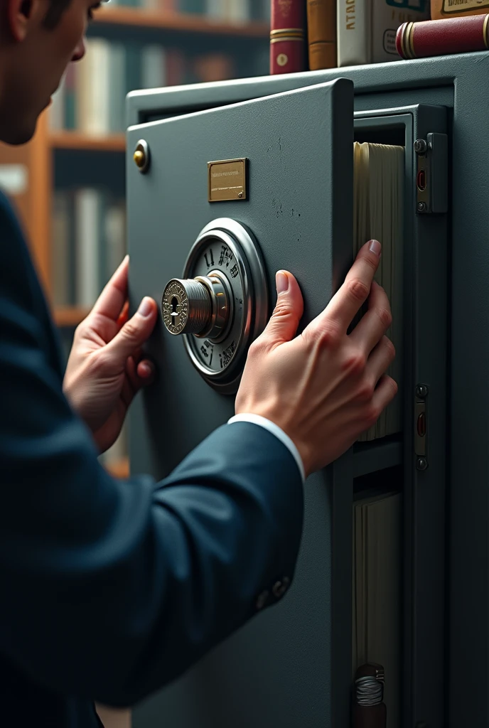 A detective storing information in a safe with a padlock.
