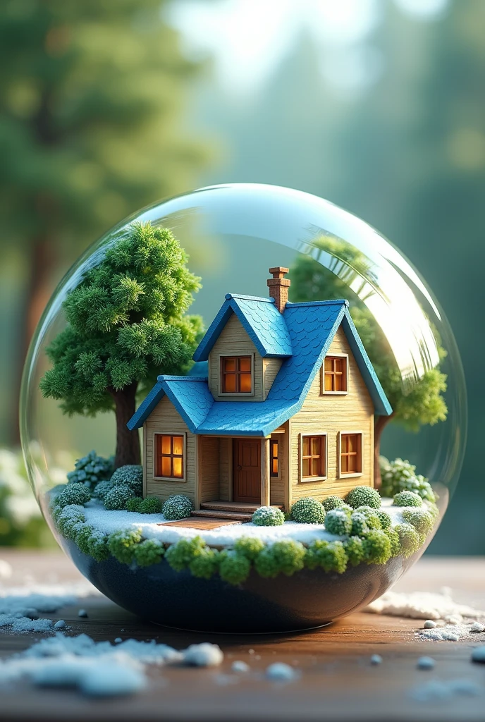 Realistic small 2 flat house,blue roof,greeny environment, in a 6 Cm radius resin ball,trees by the house,snow